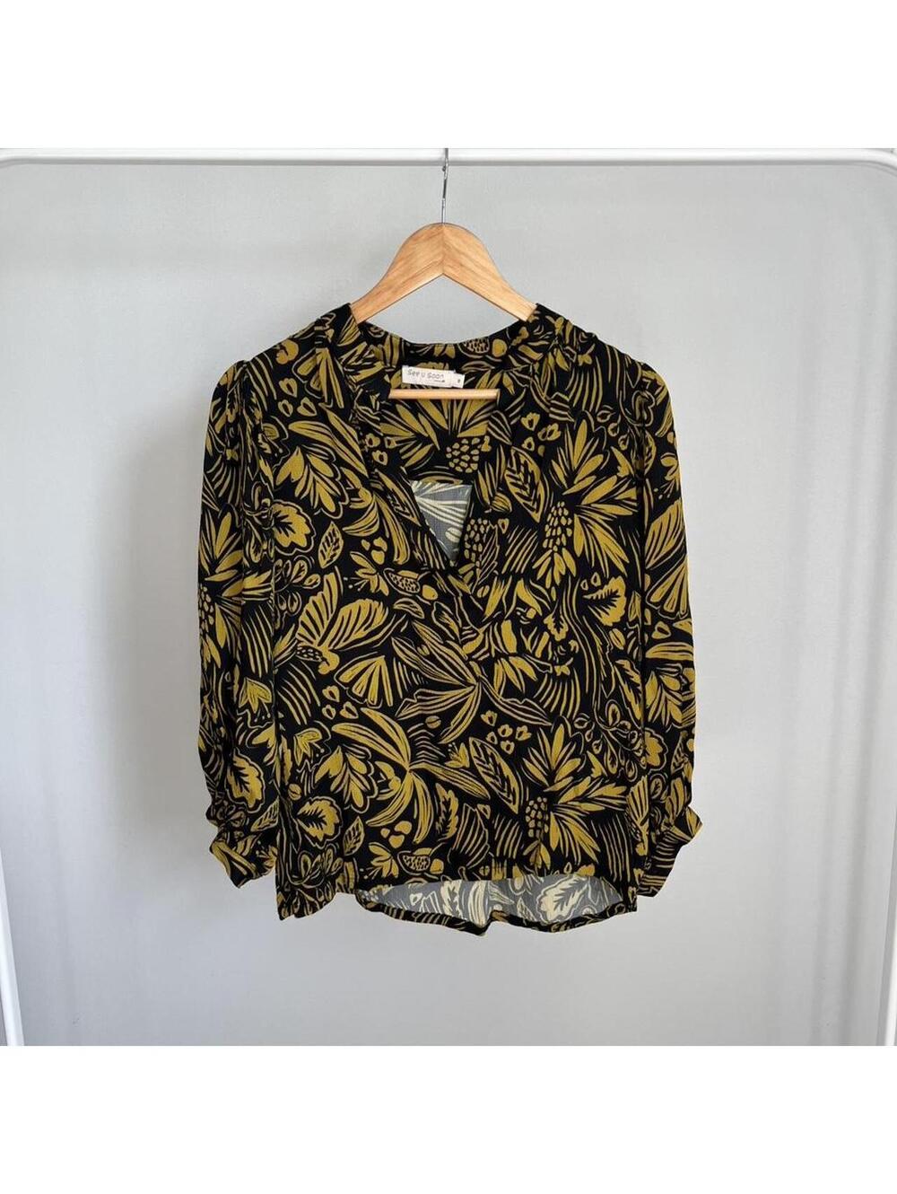 See U Soon Mustard Floral Botanical Blouse Size XS Boho Long Sleeve Top